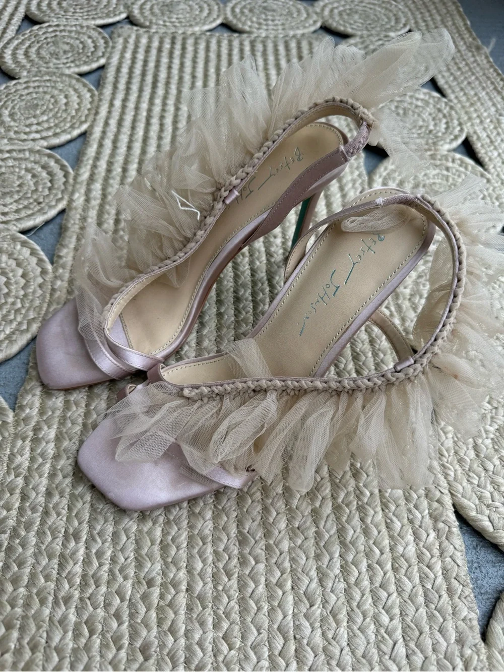 Betsey Johnson Devon Tulle Ruffle Pink Satin Heels Sandals Size 7.5
